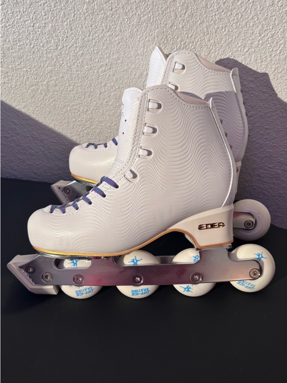 EDEA WAVE White Artistic Off Ice Skates with Purple Laces & Swarovski Crystals